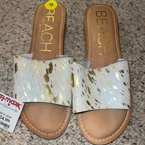 Beach Gold and White Cowhide Wedge Sandal